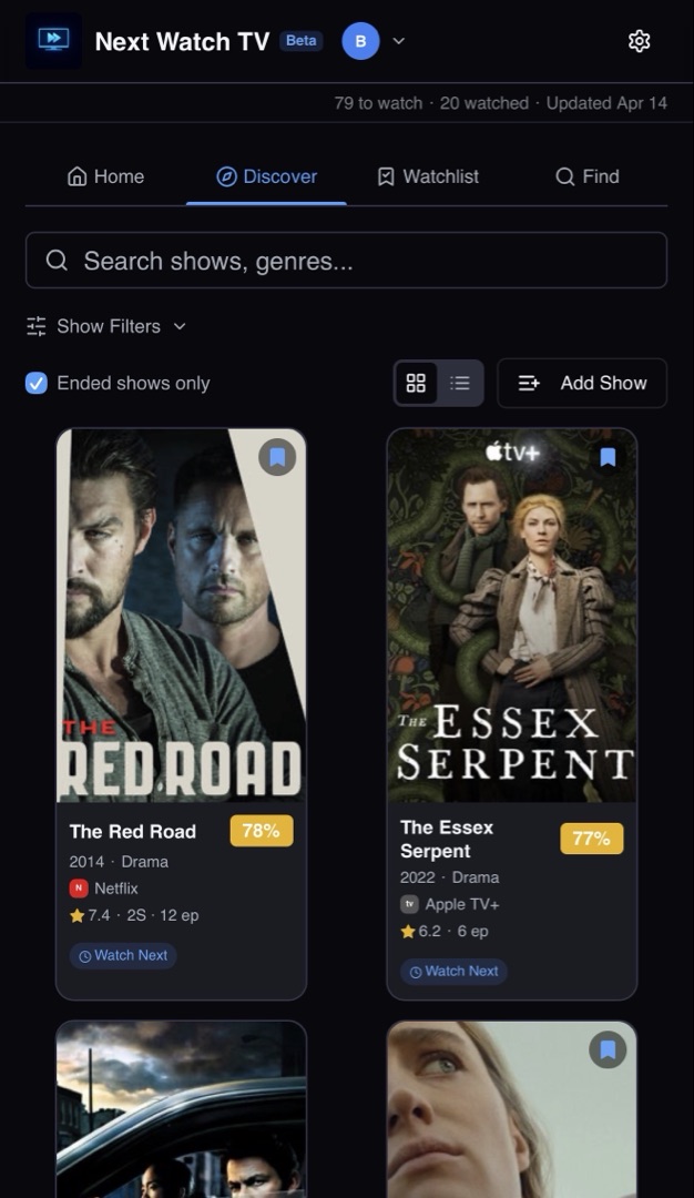 NextWatchTV Discover tab showing a poster grid of recommended shows with match scores