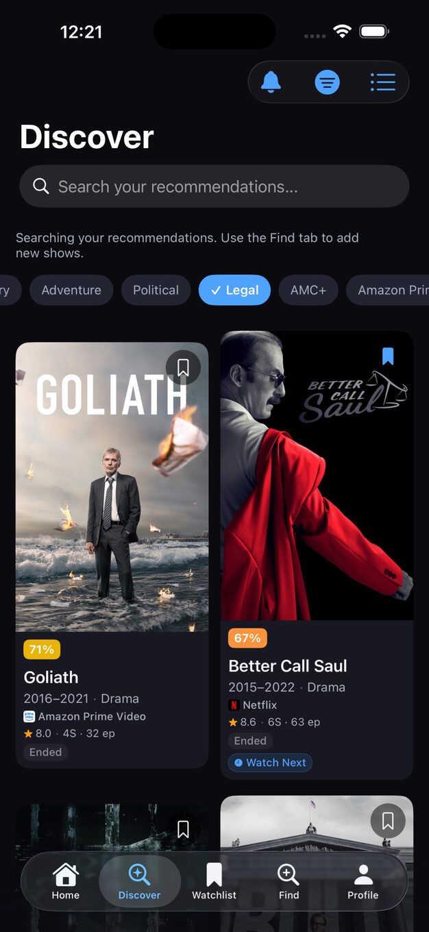 NextWatchTV iOS Discover tab with a search field, Show Filters, an Ended-shows-only toggle, and a poster grid of recommended shows like The Killing and Forever with match scores