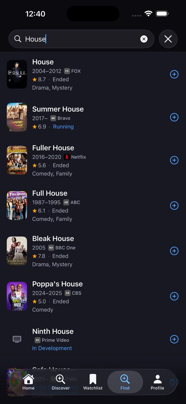 NextWatchTV iOS Find screen letting you search by title or browse by genre with poster results and match scores