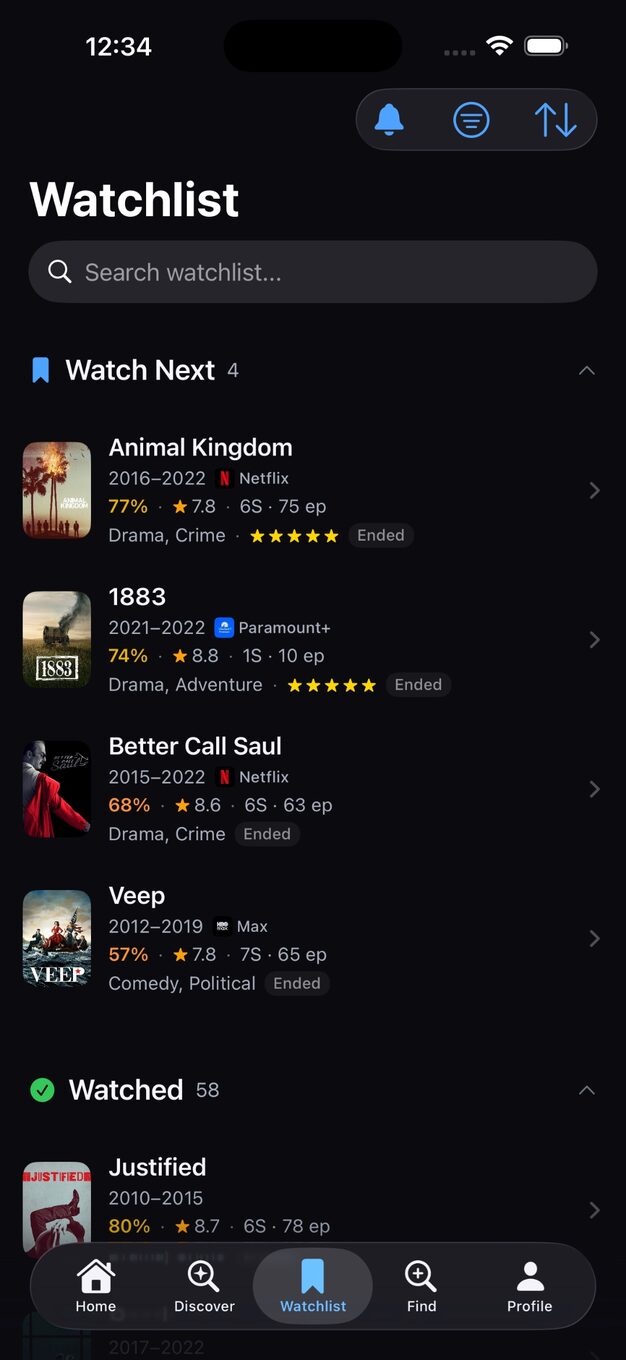 NextWatchTV iOS Watchlist with Watch Next entries for Animal Kingdom, 1883, Better Call Saul, and Veep, plus a Watched section below