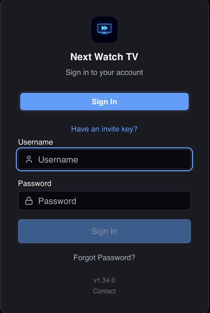 NextWatchTV login screen with sign-in form, app branding, and App Store badge